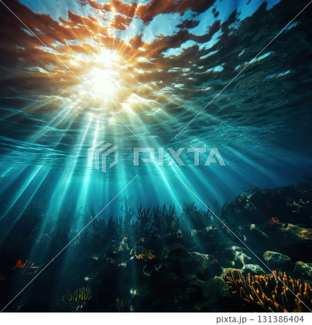 an AI Image Generator, an Underwater Coral Reef with Fish 131386404