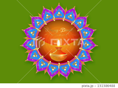Happy Diwali, Festival of Lights India Celebration, colorful Rangoli mandala. Graphic banner design of burning Indian Diya Oil Lamp, gold design. Vector festive, green background Happy Diwali, Festival of Lights India Celebration, colorful Rangoli mandala. Graphic banner design of burning Indian Diya Oil Lamp, gold design. Vector festive, green background 131386488
