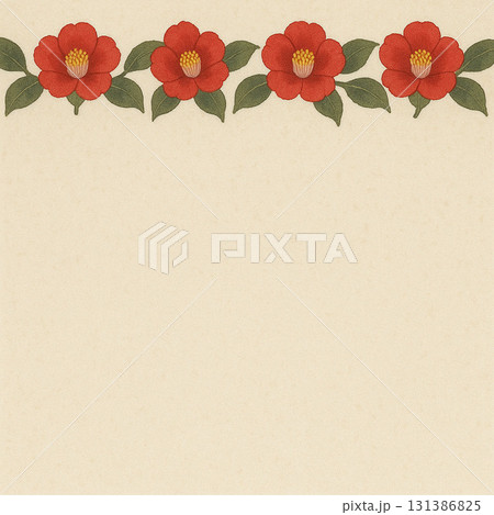 椿の花シリーズ：横一列に並ぶ赤椿のトップ型背景 131386825