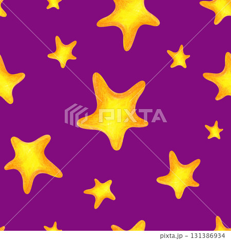 Seamless pattern with golden stars on a purple background, drawn with pencils. Illustration with colored pencils. A child's drawing. For textiles, nursery wallpaper or packaging 131386934