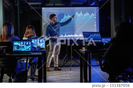 Smart coach. Male business trainer is against projector with data, teaching people 131387056