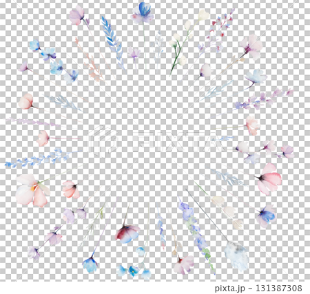 Round frame made with hand drawn watercolor pastel wild flowers and leaves, isolated illustration Round frame made with hand drawn watercolor pastel wild flowers and leaves, isolated illustration 131387308