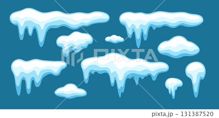 Snow and ice with winter frost in cartoon cap illustrations and frozen elements. Seasonal drip graphics for Christmas holiday design or blue sticker use. Ideal for cold icons Snow and ice with winter frost in cartoon cap illustrations and frozen elements. Seasonal drip graphics for Christmas holiday design or blue sticker use. Ideal for cold icons 131387520