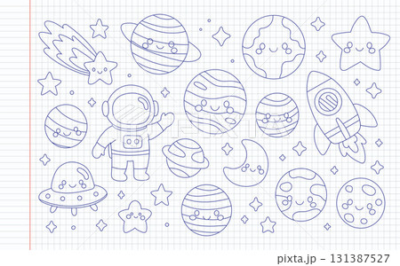 Space doodles include planet, astronaut, rocket, star and moon in notebook sketch. Satellite meteor and comet swirl across galaxy and orbit paths. Cute cartoon cosmic illustrations for kids 131387527