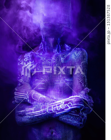 A surreal purple-lit cyber body with glowing circuit patterns and holographic mesh evokes sci-fi mystery, digital transformation, and virtual presence 131387528