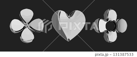 3D y2k Chrome metallic flower and heart icons with abstract glossy shapes. These shiny silver elements are perfect for futuristic and smooth render design. Bold and elegant with a digital twist 131387533