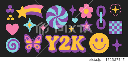 Y2K colorful retro vector graphics include sticker rainbow heart flower and smiley. Butterfly star spark and swirl icons add bold aesthetic appeal. Playful fun for nostalgic design lovers 131387545