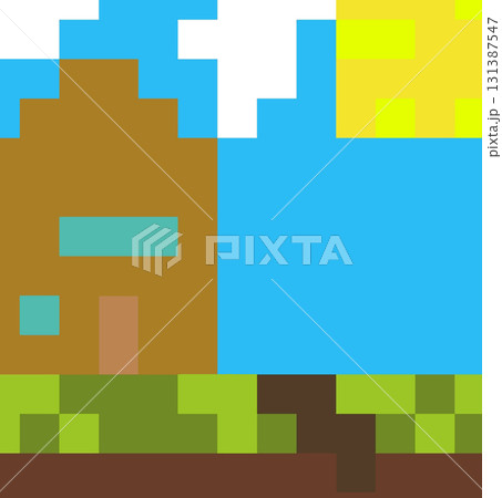 A landscape with a Minecraft-style house. 131387547