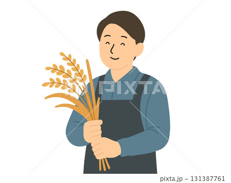 収穫した稲穂を持っている農家の男性のイラスト 131387761