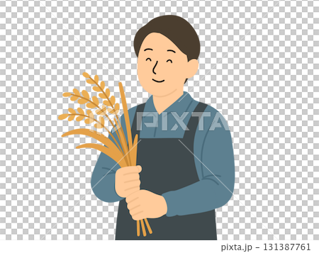 収穫した稲穂を持っている農家の男性のイラスト 131387761