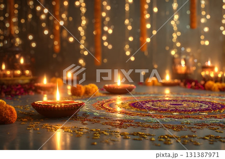 Diwali diyas glow bright on patterned floor with floral decorations and string lights. 131387971