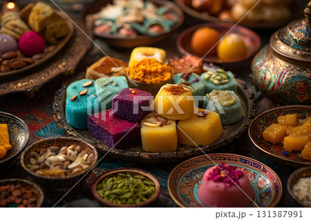 Diwali sweets arranged on ornate trays display vibrant colors and delicious textures. 131387991