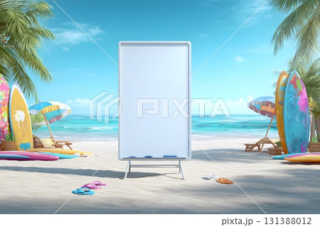 Blank white board waits on a sunny beach with surfboards under palm trees. 131388012