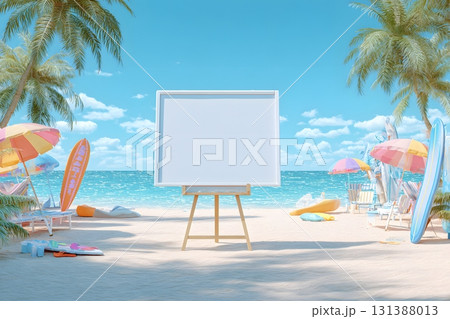 A blank white board stands on an easel at the beach. 131388013