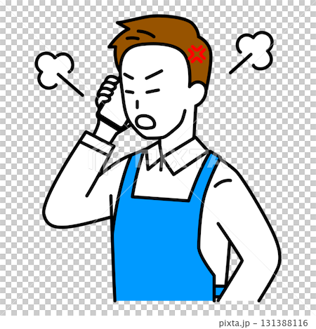 スマートフォンでの通話で怒るエプロン姿の男性 スマートフォンでの通話で怒るエプロン姿の男性 131388116