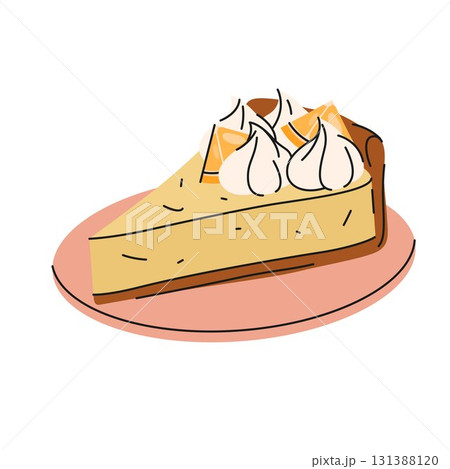 Vector lemon pie slice. Sweet dessert icon. Citrus pastry piece with cream topping or mousse. Bakery and confectionery, patisserie and gourmet culinary sign for cafe or restaurant menu. Festive baking 131388120