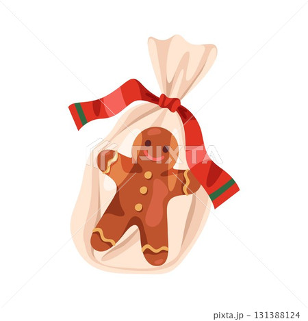 Gingerbread icon. Vector new year or Christmas cookie shaped as man. Flat cartoon confectionery for winter holiday or festive dessert. Bakery and pastry with ribbon, Xmas treat and sweet with bow. 131388124