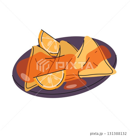 Vector crepes suzette food or French dessert. Thin pancakes with orange sauce and liqueur, syrup. Patisserie icon or confectionary symbol. Dish for restaurant or cafe. Cuisine and culinary, cooking. 131388132