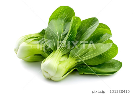 Two bok choy vegetables are displayed on a white background. 131388410