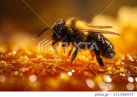 A bee walking on honeycomb dripping with honey. A bee walking on honeycomb dripping with honey. 131388437