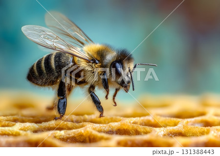 A bee lands on a honeycomb, producing honey. 131388443