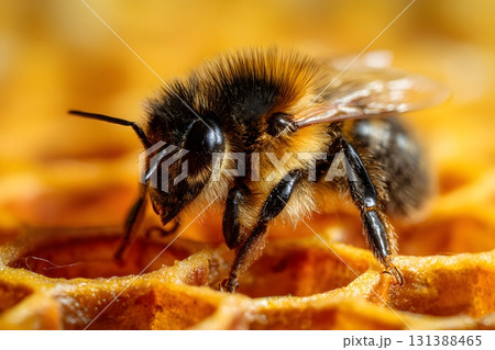 A bee sits on golden honeycomb cells collecting sweet honey. 131388465