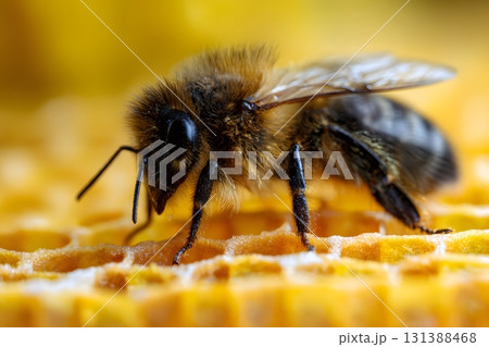 A bee walks across a honeycomb dripping with honey. 131388468