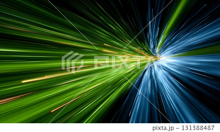 Dynamic neon green and blue light streaks representing internet speed test concept 131388487
