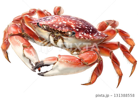 A red crab stands on a white background with its legs spread wide. 131388558