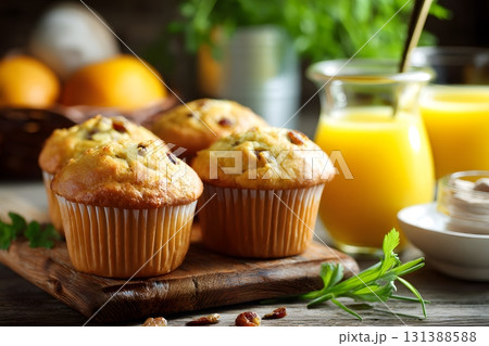 Fresh muffins and orange juice are ready for a delicious breakfast. Fresh muffins and orange juice are ready for a delicious breakfast. 131388588