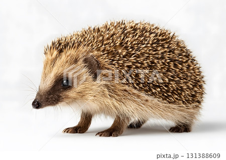 A small hedgehog walks alone on a white background. 131388609