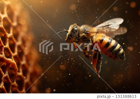 A bee flies near a honeycomb, showing its honey collection. 131388613