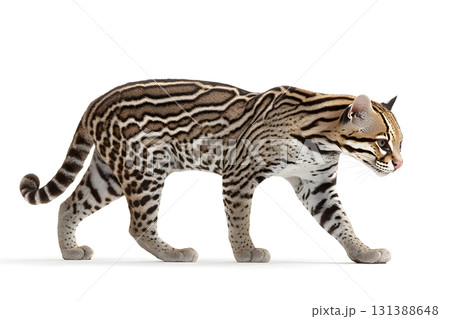An ocelot walks forward on a white background. An ocelot walks forward on a white background. 131388648