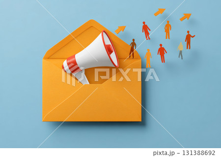 Yellow envelope with megaphone and cutout figures illustrating email marketing concept 131388692