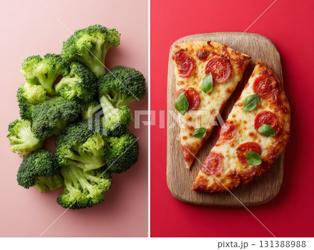 Fresh broccoli and pepperoni pizza on contrasting backgrounds showcasing healthy versus unhealthy choices Fresh broccoli and pepperoni pizza on contrasting backgrounds showcasing healthy versus unhealthy choices 131388988
