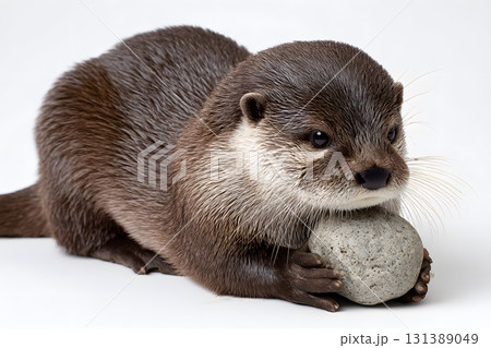 A small otter holds a stone in its paws while lying down isolated on white. 131389049