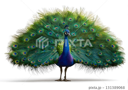 A peacock stands with its vibrant tail feathers spread wide showing its beautiful display. 131389068