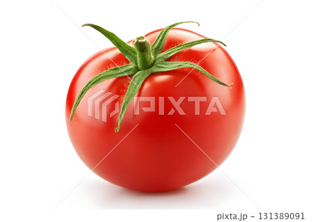 A single red tomato sits alone on a clean white background. 131389091