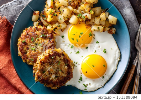 American breakfast with eggs and sausage patties served with potatoes. 131389094