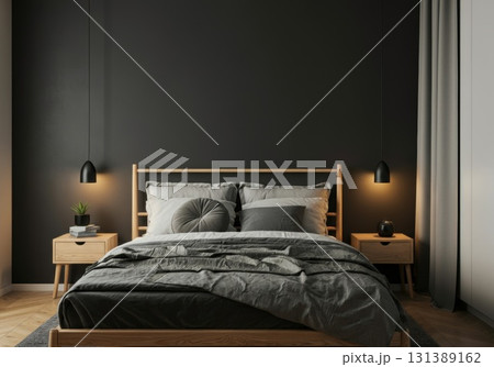 Cozy bedroom with dark walls, wooden bed, and soft bedding for sleep tourism concept Cozy bedroom with dark walls, wooden bed, and soft bedding for sleep tourism concept 131389162