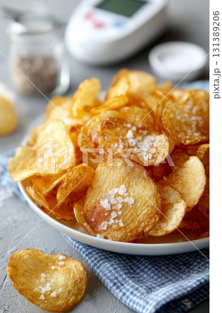 Salty potato chips and glucose meter, concept of unhealthy eating and health risks Salty potato chips and glucose meter, concept of unhealthy eating and health risks 131389206