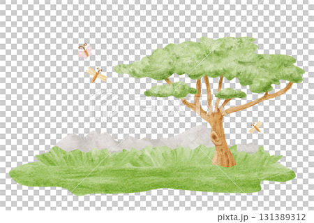 African umbrella acacia tree on green grass lawn with mountains watercolor illustration isolated on white. Savanna landscape clip art for kids safari designs. Colorful nature in childish drawing style 131389312