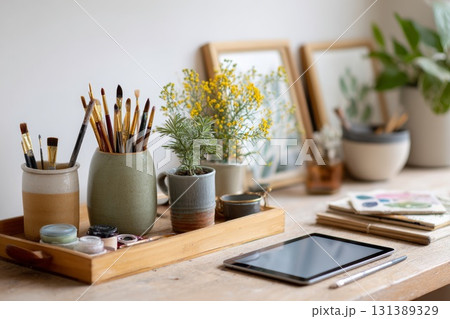 Desk plant decor with art supplies and tablet on wooden table creating a cozy workspace atmosphere Desk plant decor with art supplies and tablet on wooden table creating a cozy workspace atmosphere 131389329
