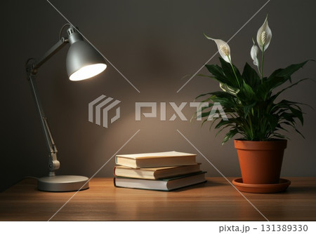Desk plant decor with lamp and stacked books creating a cozy workspace atmosphere 131389330