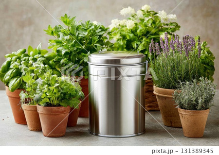 Fresh herbs in terracotta pots with a silver container for storage and vibrant greenery display 131389345