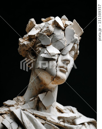 Cracked marble statue representing fragility and the impact of osteoporosis on brittle bones 131389357