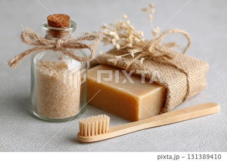 Natural bath essentials with eco-friendly packaging for a zero waste bathroom concept 131389410