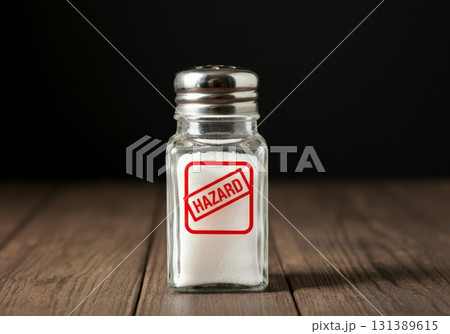 Salt shaker with hazard label symbolizing health risks of high sodium intake 131389615
