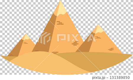 Cartoon pyramids sit atop a dune field under a black sky, with brick like decorations. 131389850