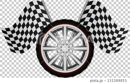Racing excitement: Car wheel with checkered flags, symbolizing speed, competition, and victory 131389853